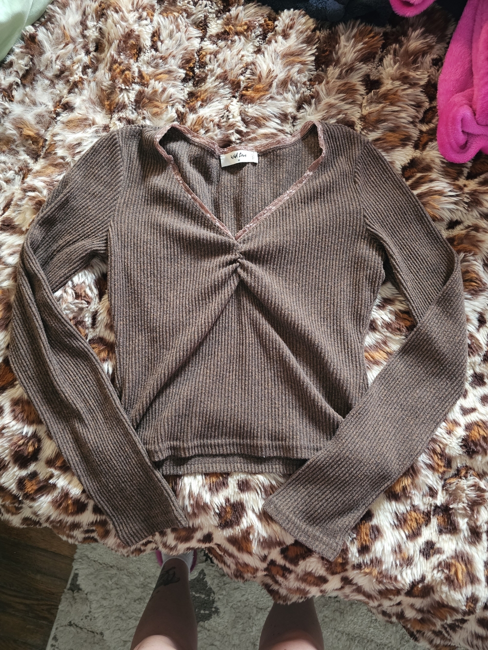 Wild Fable Brown Ribbed Long-Sleeve V-Neck Top